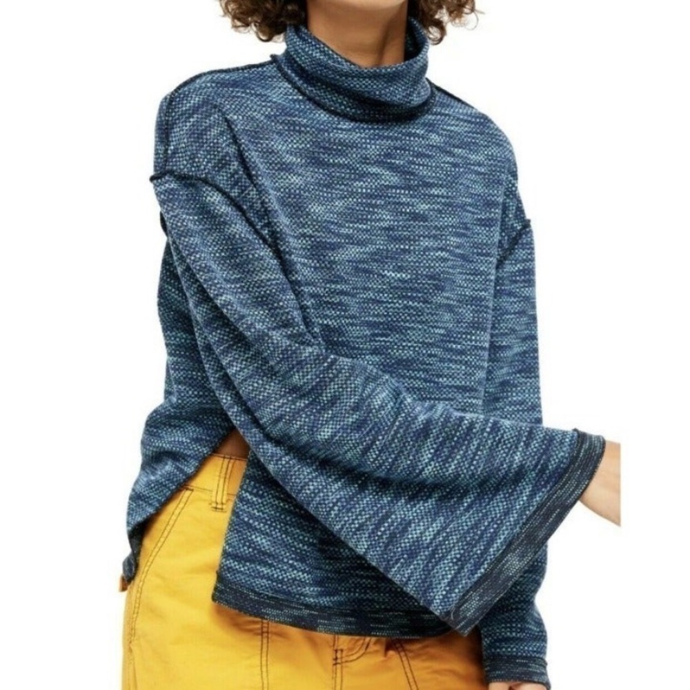 Free People Overboard Combo  knit Sweater Blue Womens pullover turtleneck Y2K